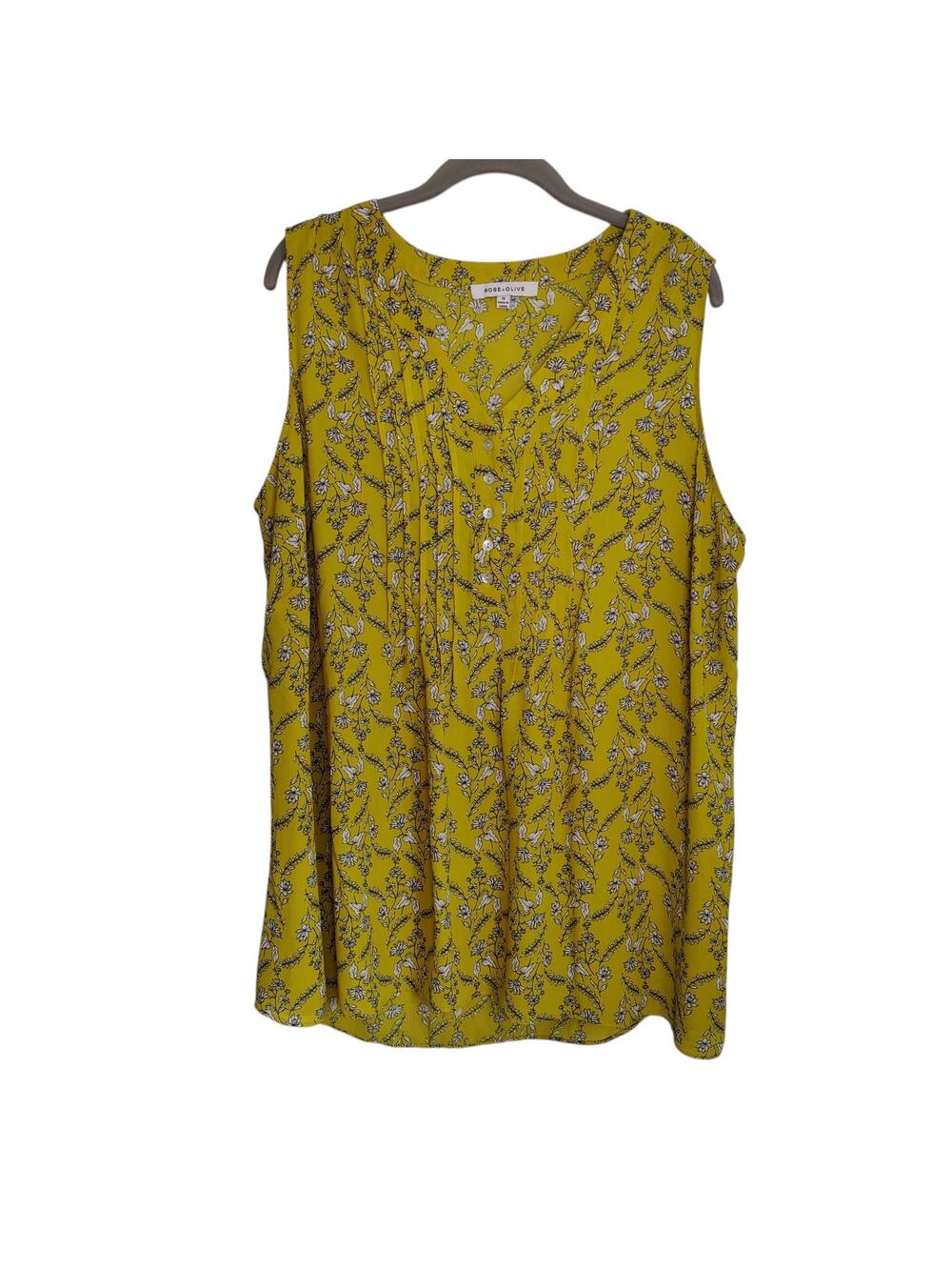Rose + Olive Women's Plus Sz 1X Mustard Yellow Botanical Print Sleeveless Blouse